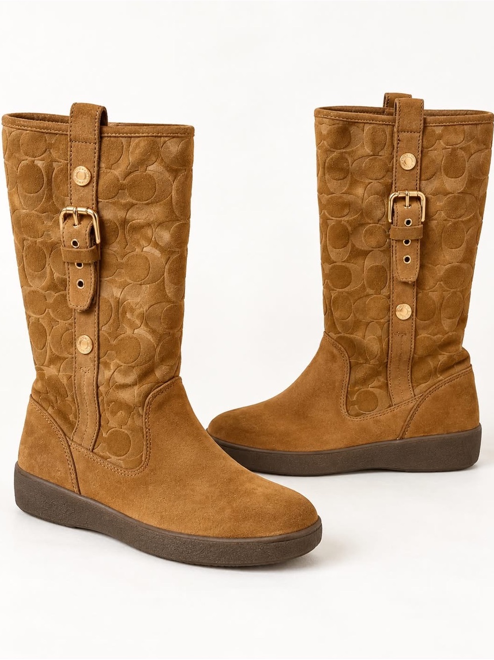 Coach Tan Suede Mid-Calf Logo Suede Boots with Buckle